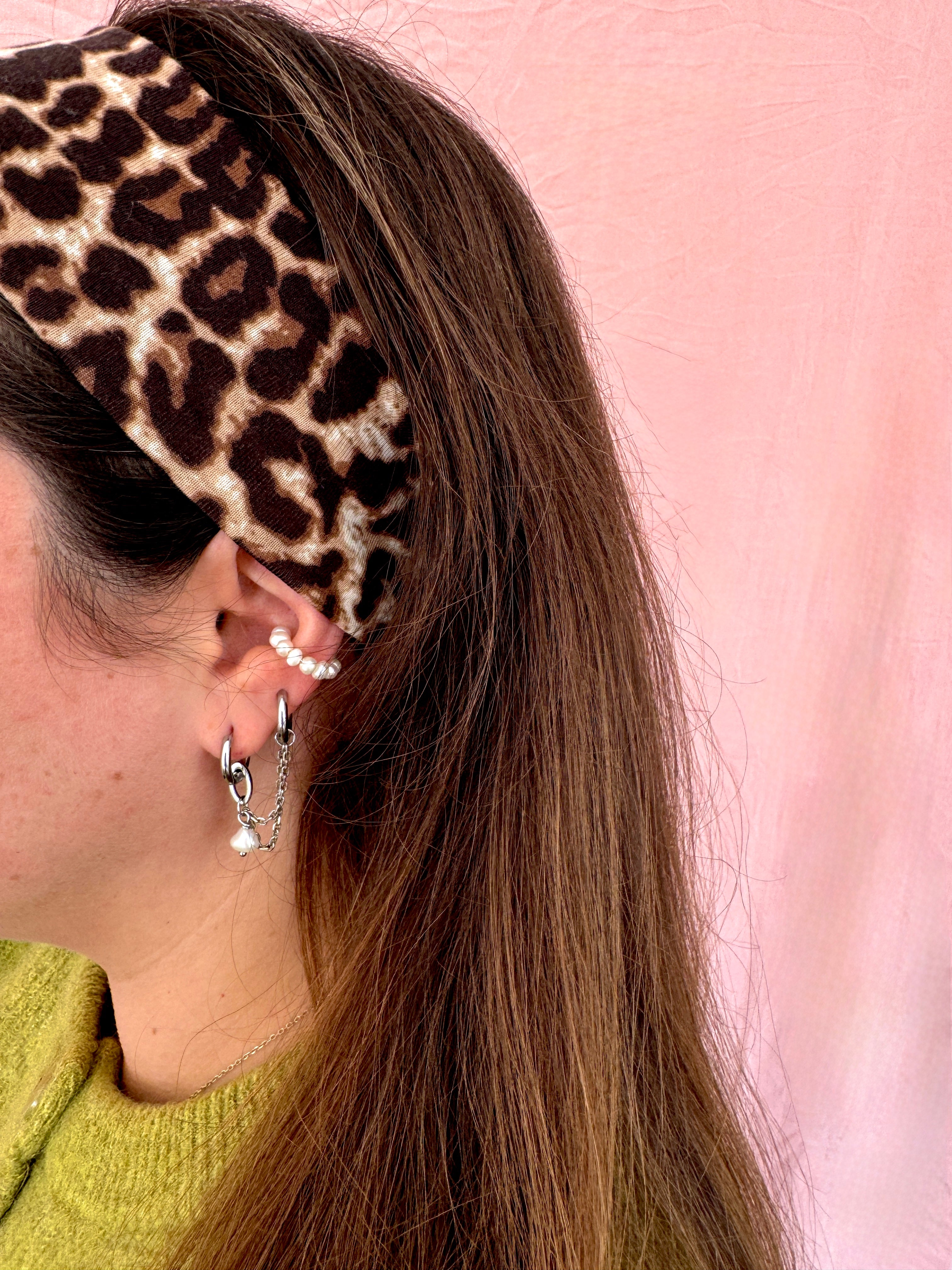 Double créoles//chaînes fines argentées & perle