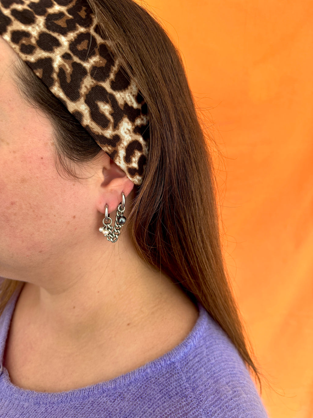 Double créoles chaîne épaisse argentée & perles