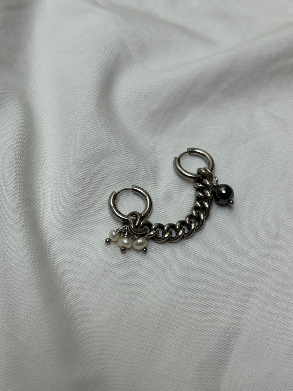 Double créoles chaîne épaisse argentée & perles