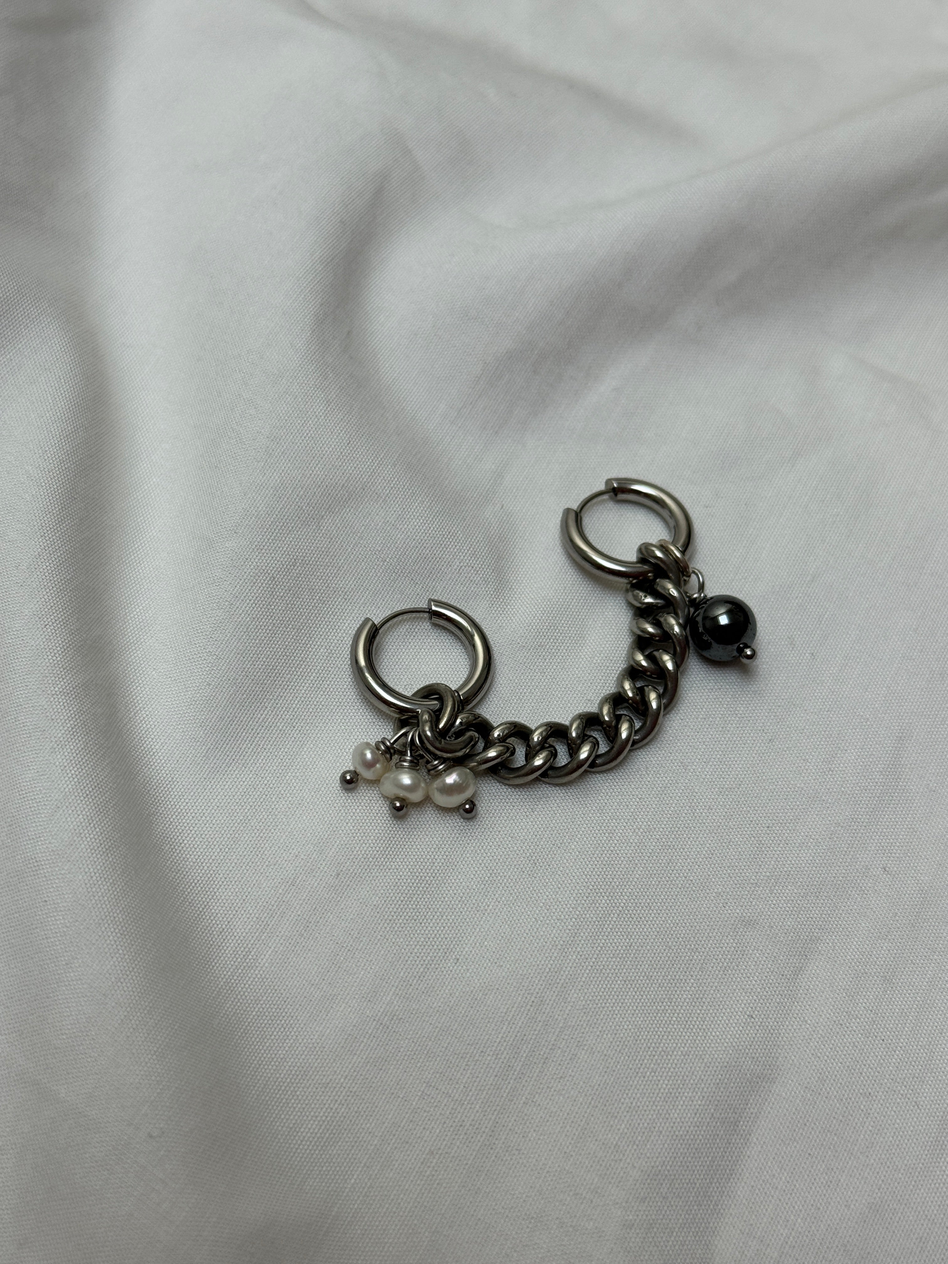 Double créoles chaîne épaisse argentée & perles