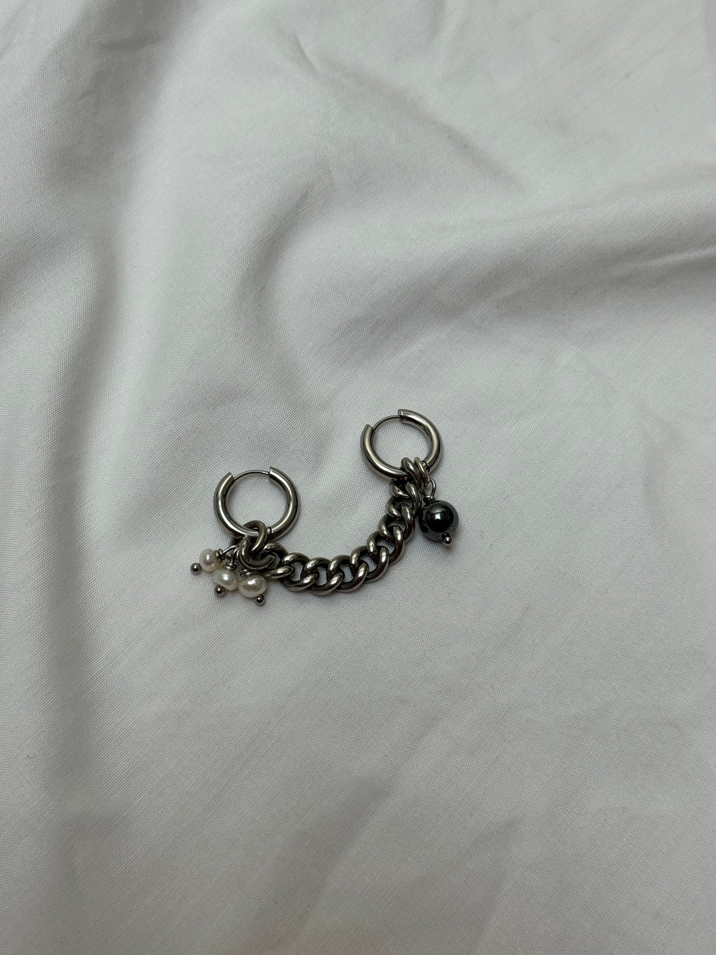 Double créoles chaîne épaisse argentée & perles