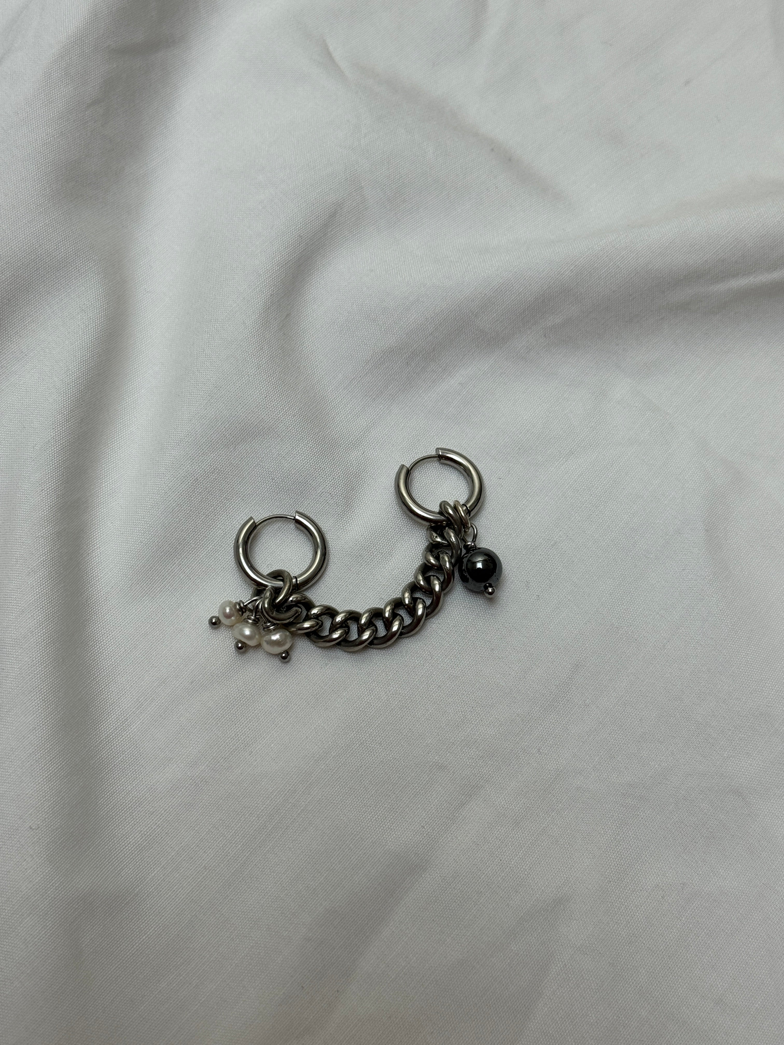 Double créoles chaîne épaisse argentée & perles